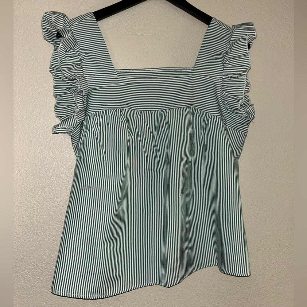 Green striped square neck top with ruffled sleeves